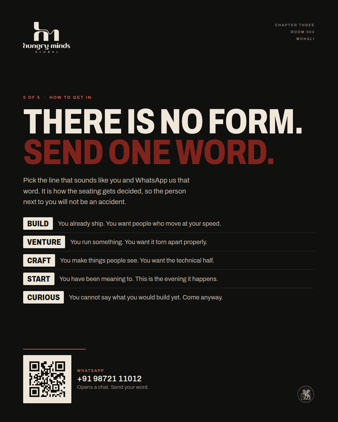 Campaign poster reading: there is no form, send one word to Hungry Minds Global on WhatsApp
